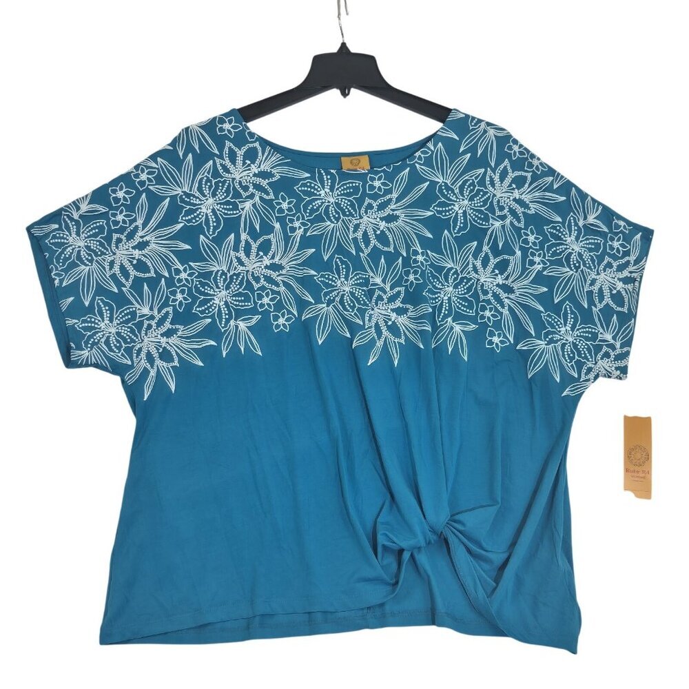 Ruby Rd Women's Top Blouse Size 3X Blue Graphic Short Sleeve Front knot (38)